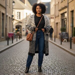 ii Sisters Cardigan Size XL Black White Open Front Fuzzy Sweater EUC